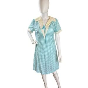 Vintage 60s 70s Blue Gingham Short Sleeve Dress wide Collar & Ribbon‎ Tie Medium